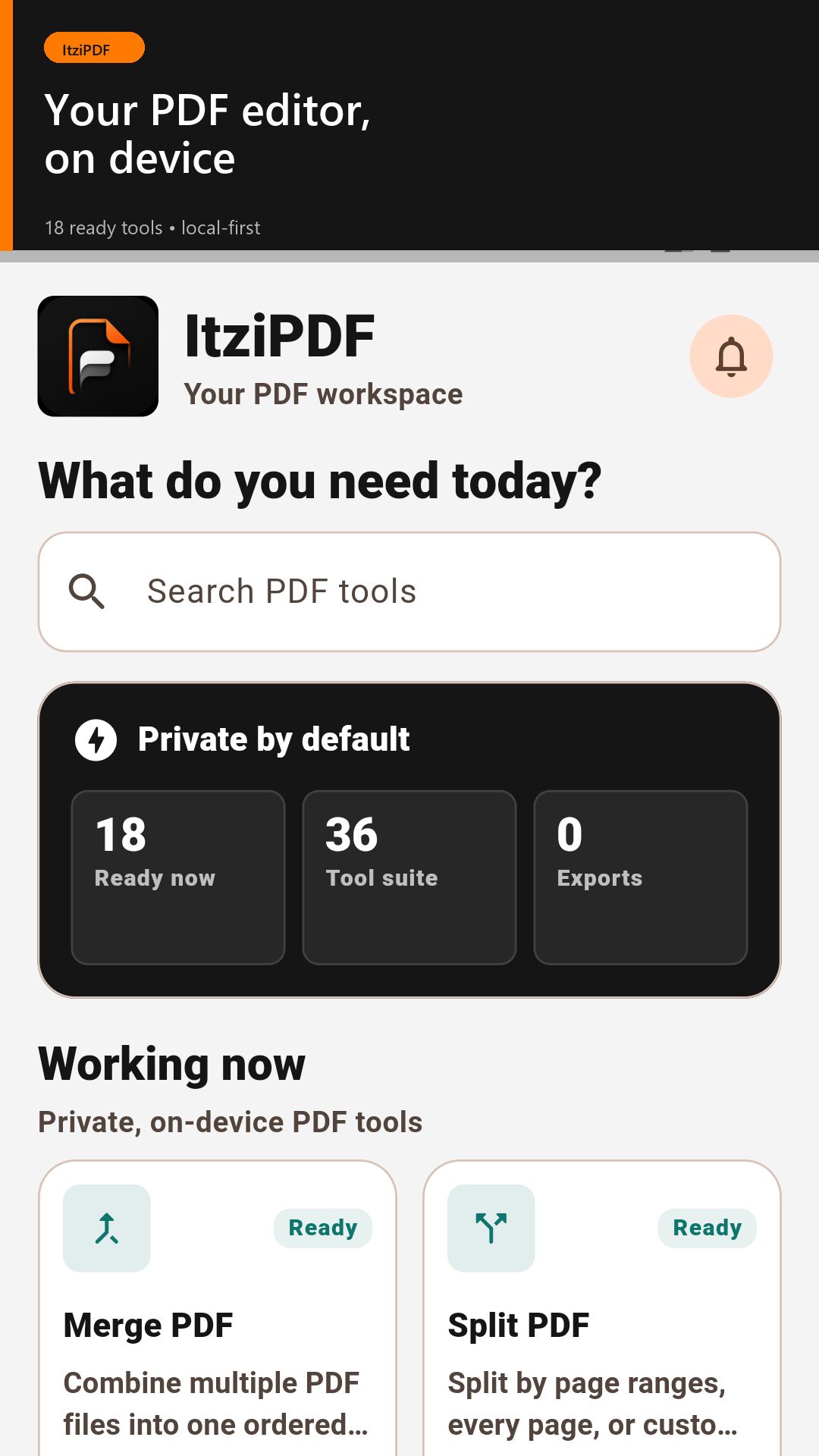 ItziPDF home screen showing local-first PDF tools