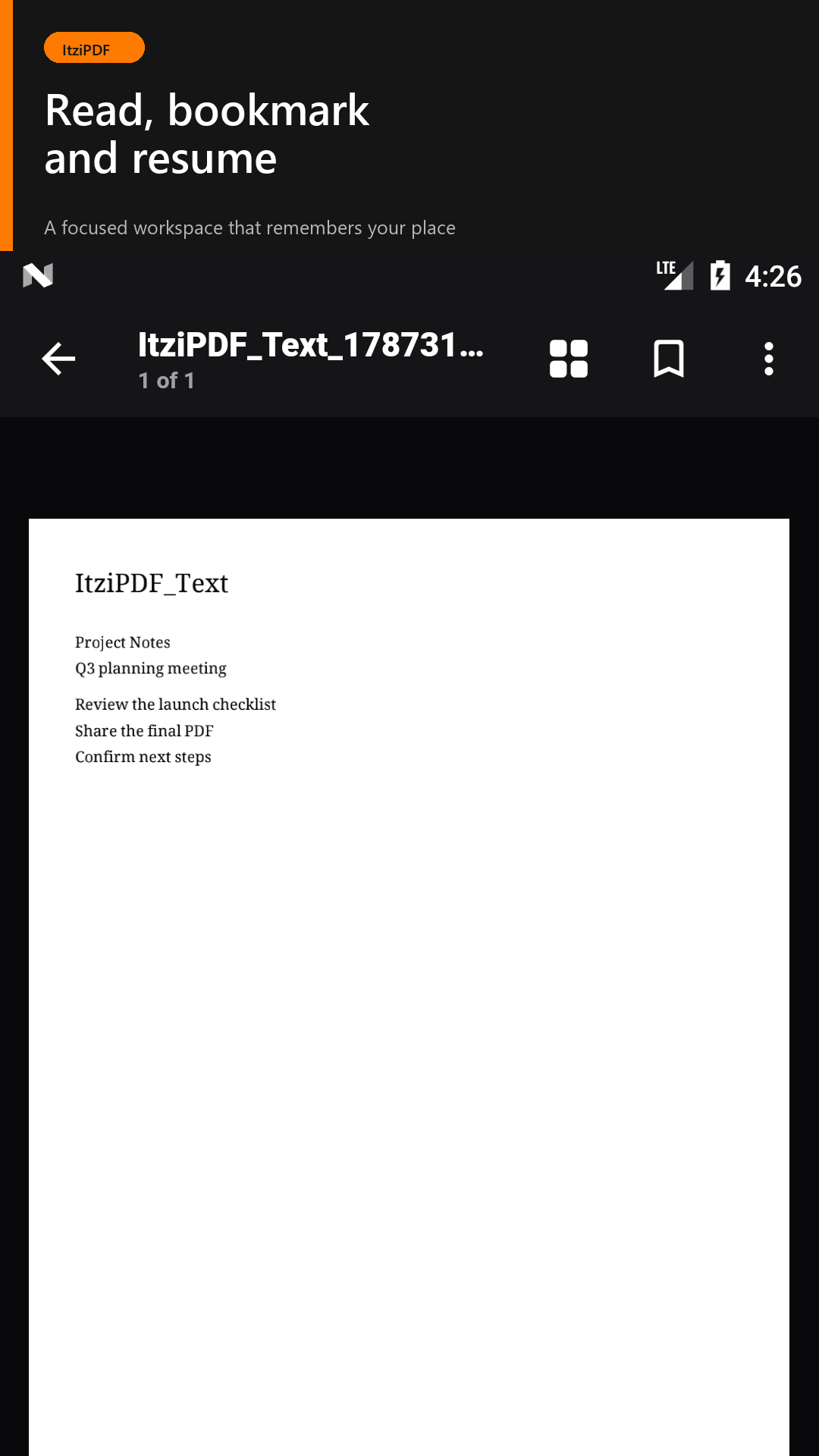 ItziPDF reader workspace with navigation and reading controls