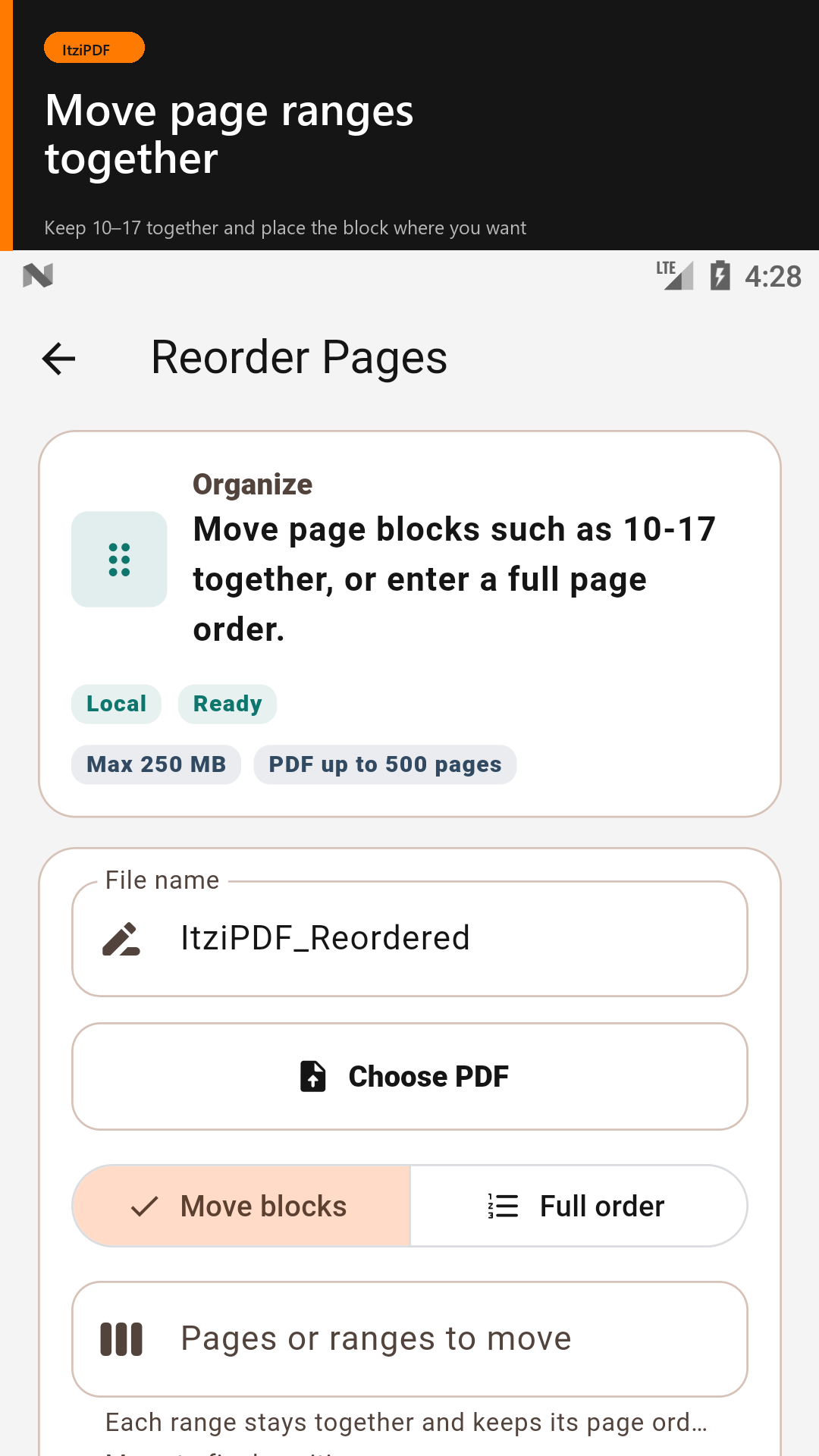 ItziPDF tool for reordering PDF pages and page ranges