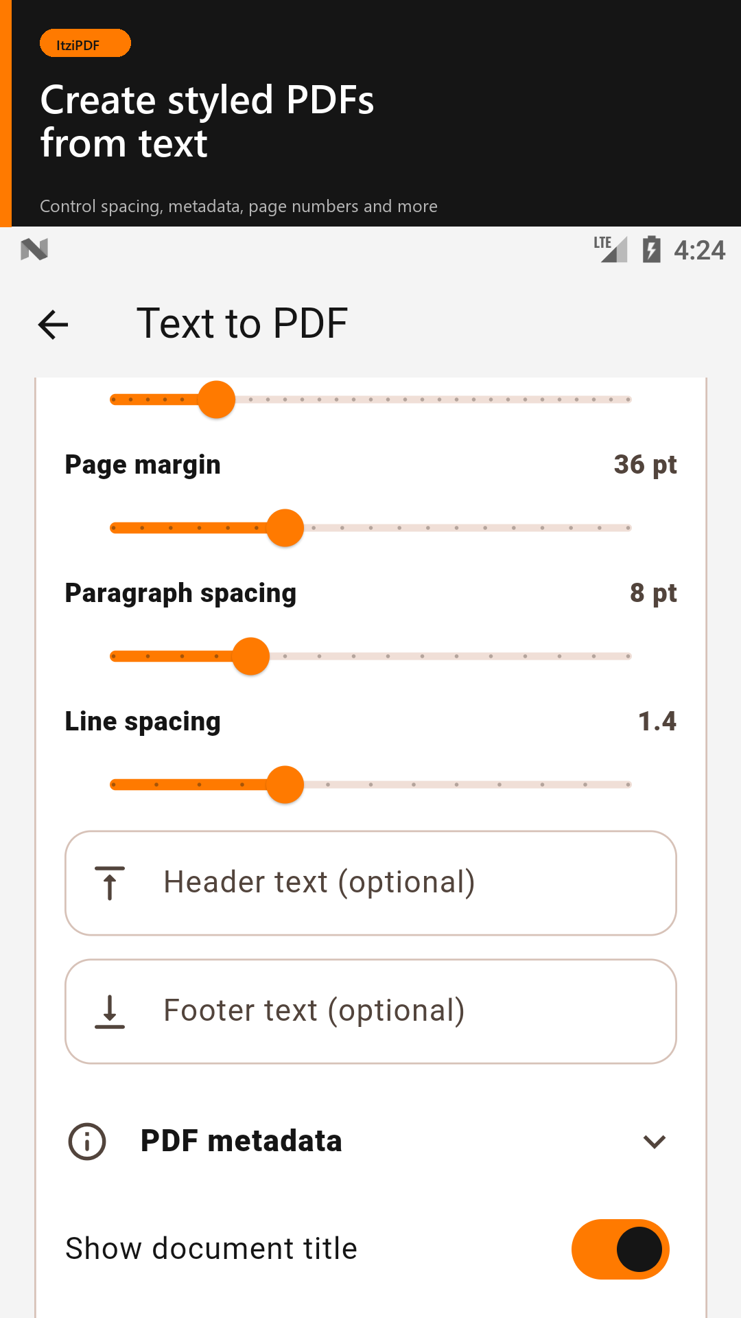 ItziPDF Text to PDF editor with formatting options
