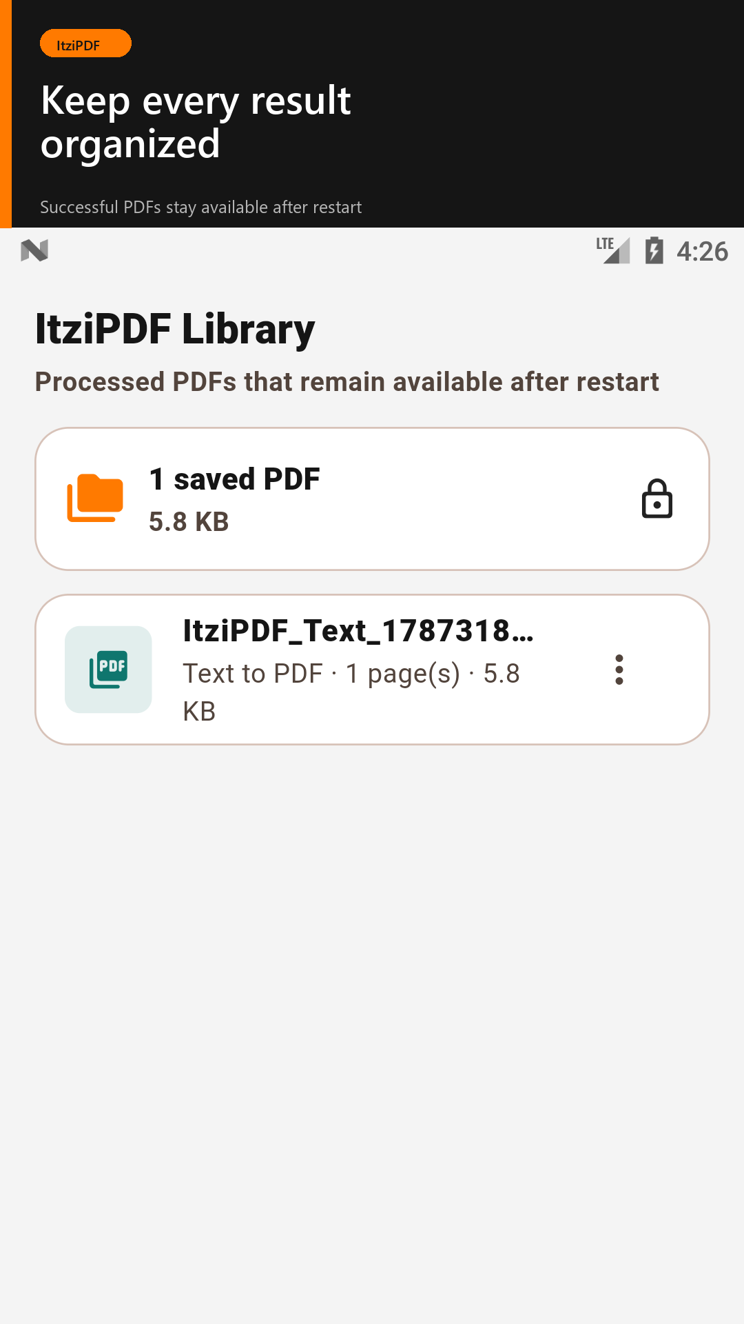 ItziPDF private Library showing saved documents