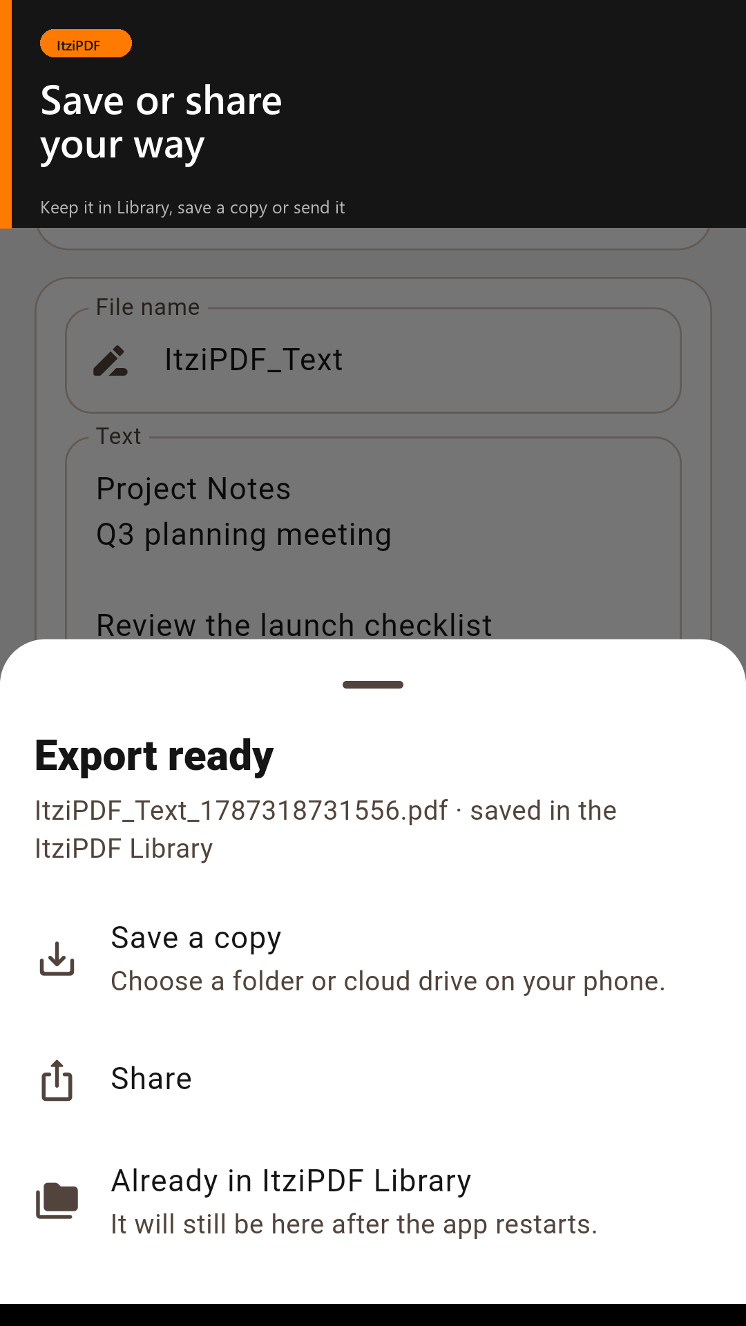 ItziPDF options for saving and sharing a completed PDF