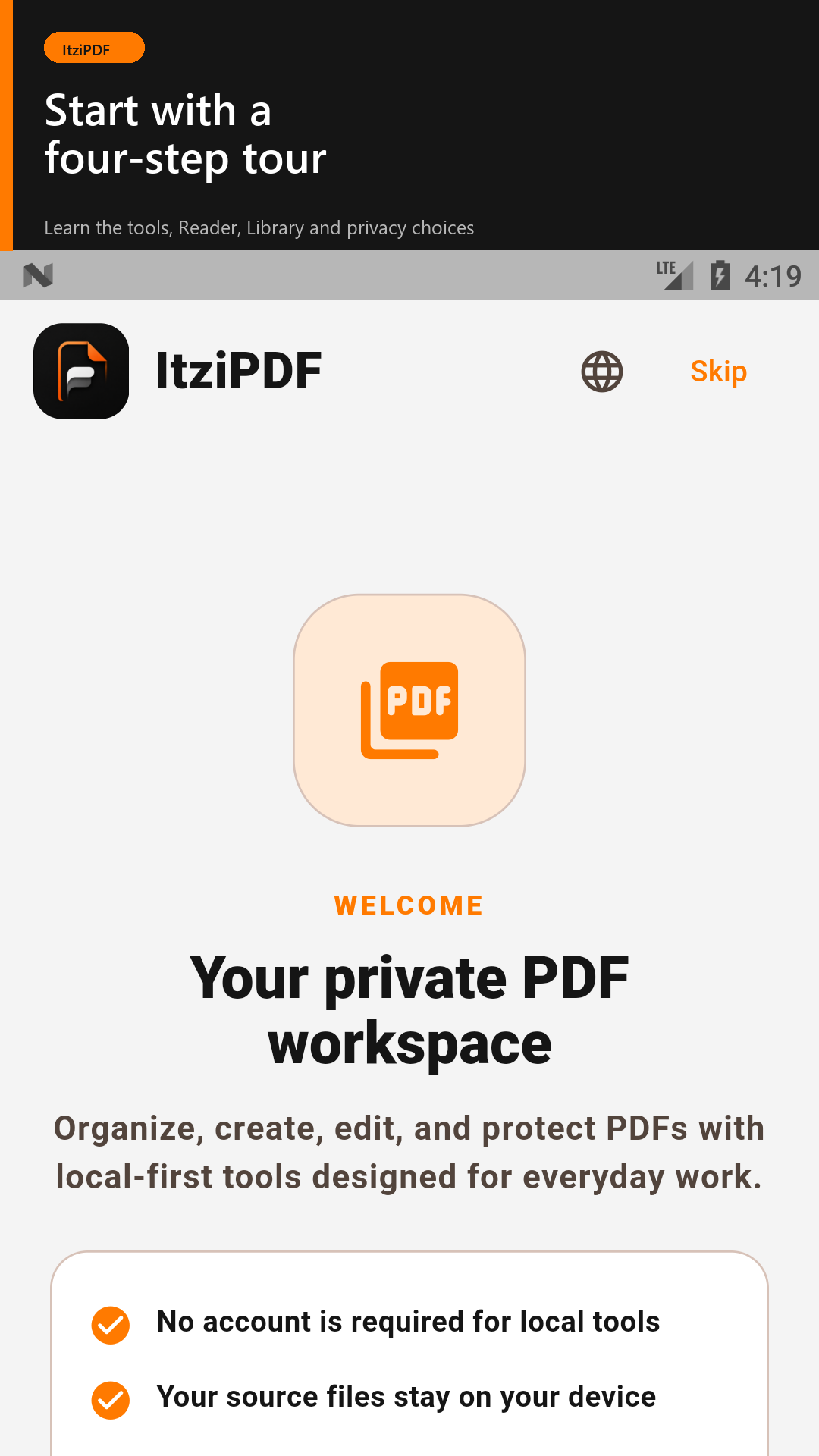 ItziPDF first-run tour introducing the private workspace