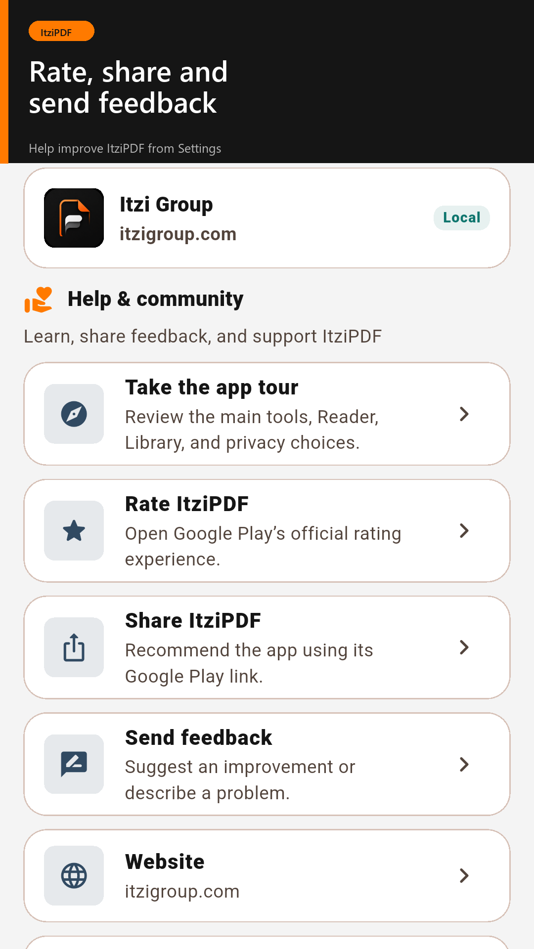 ItziPDF help, sharing, rating, and feedback options